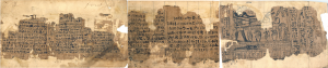 Papiros de José Smith I, XI y X (de derecha a izquierda), pertenecientes antiguamente a un sacerdote egipcio llamado Hor a través de Joseph Smith Papers Project